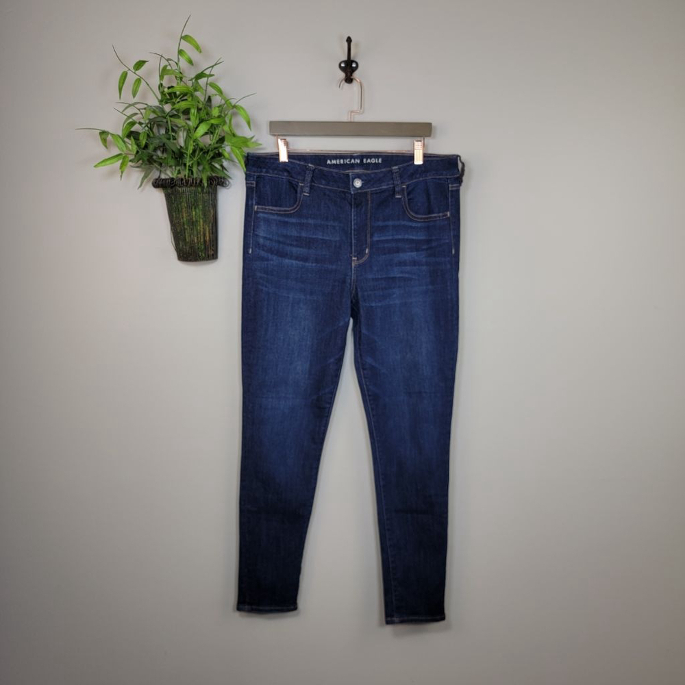 American Eagle Skinny Hi Rise Jegging Jeans Dark Blue Wash Stretch AE 16 Long L